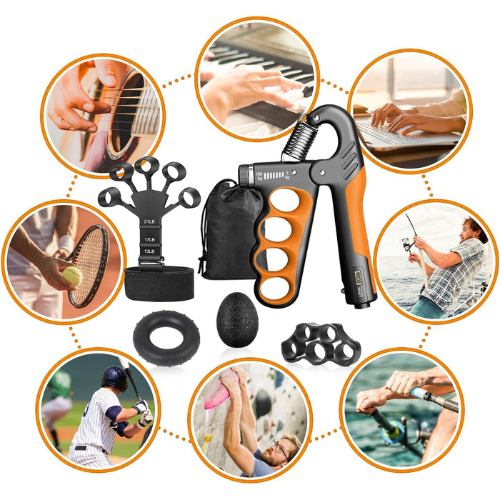 Набір для тренування рук (5 шт.) – з регульованим опором, підтримуючою ручкою для передпліччя, розтягувачем пальців, кільцем для хвата та м'ячиком для зняття стресу для спортсменів