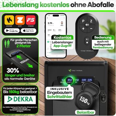 Бігова доріжка Walking Pad Tretmann з нахилом, складана – тиха, до 150 кг, з додатком, EMS-фільтром, для дому, чорна