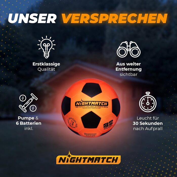 Світлодіодний футбольний м'яч NIGHTMATCH, розмір 3, для дітей, комплект, сенсорне LED підсвічування, ідеально для гри в темряві, чорний/помаранчевий