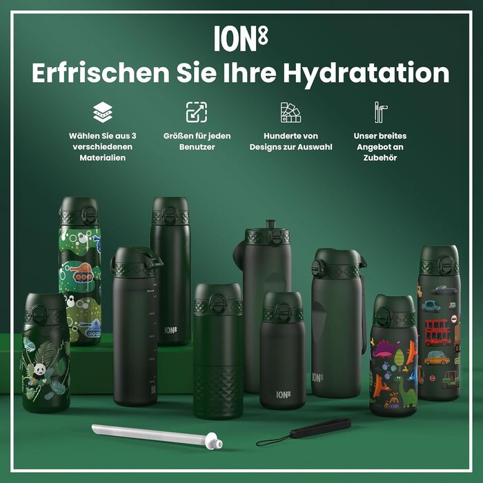 Дитяча пляшка для пиття Ion8 Evo, нержавіюча сталь, 400 мл, без ізоляції, не протікає, відкривається однією рукою, безпечне закриття, можна мити в посудомийній машині, з клапаном, з ручкою, легка у догляді, темно-зелена