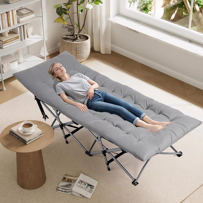 Розкладне ліжко Bonnlo для кемпінгу з матрацом – ліжко для риболовлі, відпочинку на природі, у саду, на пляжі, 190×71x36 см, сірий