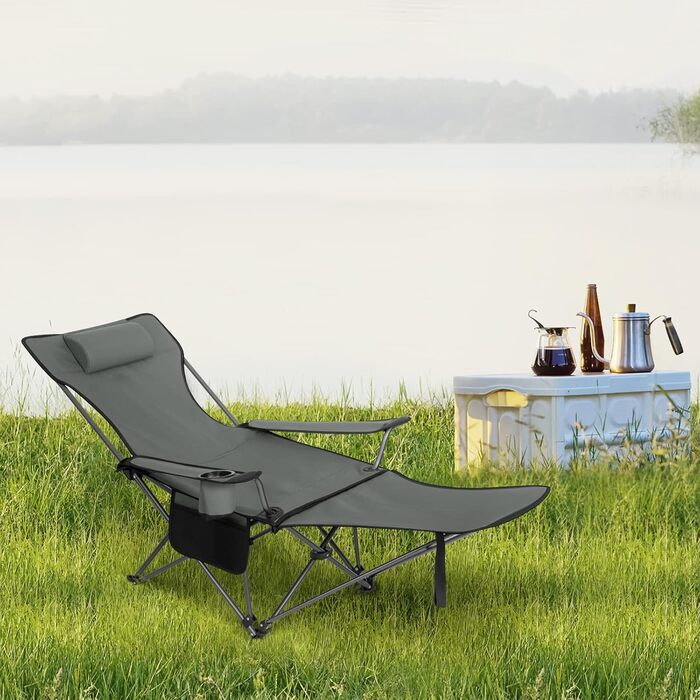 Крісло для кемпінгу Woltu, складане, рибальське, легке, з підніжкою та підсклянником, сіре