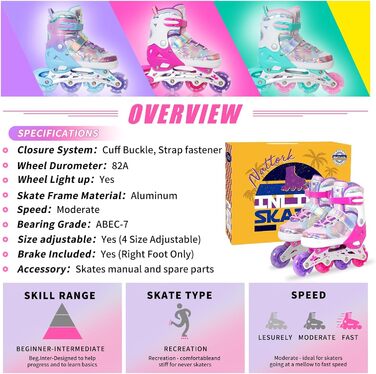 Дитячі ролики Nattork для дівчаток, регульовані, розмір 27-31 EU, рожеві, з бабочками