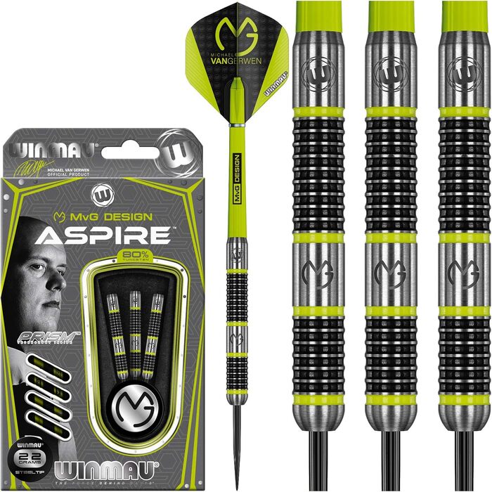 Дротики WINMAU Michael Van Gerwen MvG Aspire із вольфраму зі сталевим вістрям, призмовими крилами та нейлоновими держателями