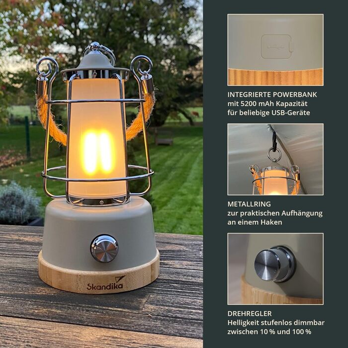 LED кемпінгова лампа Skandika Kiruna beige: ретро дизайн, power bank, регулювання яскравості, USB, сталеве підсвісник, 200 годин роботи