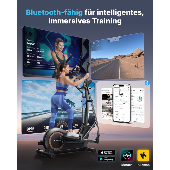 Еліптичний тренажер MERACH E33 для дому: 16 рівнів опору, самостійне живлення, до 150 кг, ультратихий, з додатком