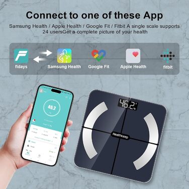 Healthkeep розумні ваги для аналізу складу тіла, Bluetooth, імпедансний вимірювач, висока точність, 13 показників, додаток, до 180 кг, 28x28 см