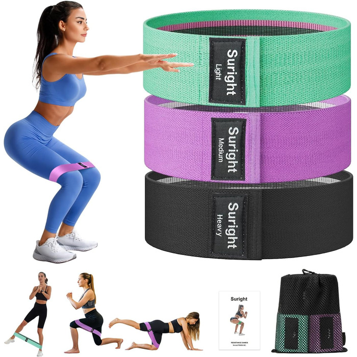Стрічки опору для фітнесу [3 шт.] для сідниць та стегон, антиковзкі фітнес-стрічки для жінок/чоловіків, силові тренування, йога, пілатес (Чорний, фіолетовий, зелений)