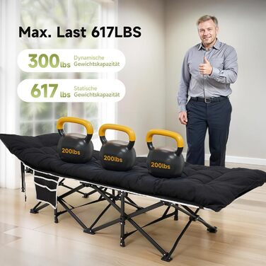 Розкладне ліжко Warmiehomy XXL з матрацом для дорослих, гостьове ліжко, широке та міцне, для кемпінгу, відпочинку, офісу, саду, сіре (чорне), з матрацом