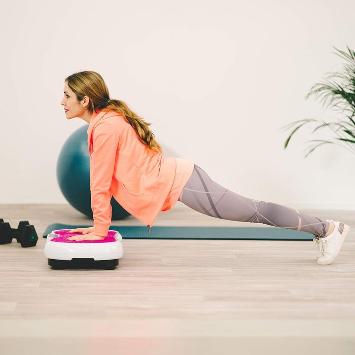 Віброплатформа для фітнесу з еластичними стрічками та Bluetooth, для дому, рожево-біла