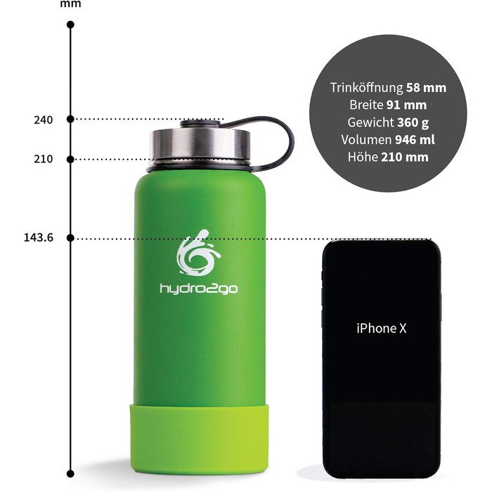 Гідрофляга hydro2go X-AlpsBottle 1 л, нержавіюча сталь, термос, вакуумна ізоляція, 3 кришки, для спорту та туризму, лаймова