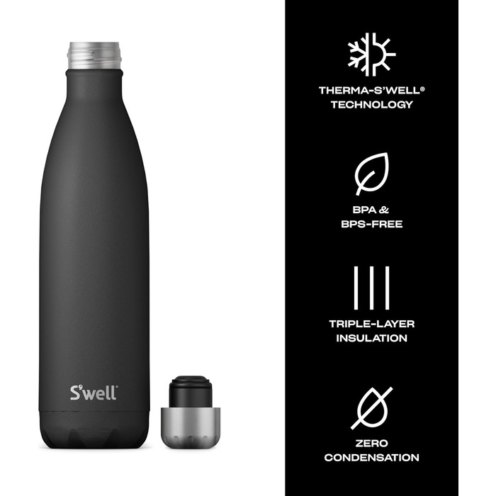 Пляшка для води S'well Onyx, 739 мл, з нержавіючої сталі, вакуумна, трьохшарова, зберігає напої холодними до 48 годин і гарячими до 24 годин, ідеальна для подорожей