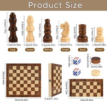 Шаховий набір дерев'яний 3 в 1 з шахами, шашками та настільною грою, преміум-якість, складаний, для дітей та дорослих, 24 см