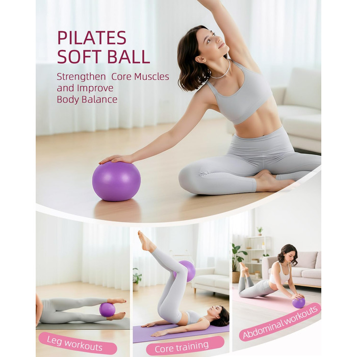 Набір для пілатесу Abahub: кільце 35см, м'яч 25см, 5 еластичних стрічок, шкарпетки для йоги, ковзаючі диски. Для жінок, домашні тренування, сила, гнучкість, стабільність та підтяжка тіла (фіолетовий)