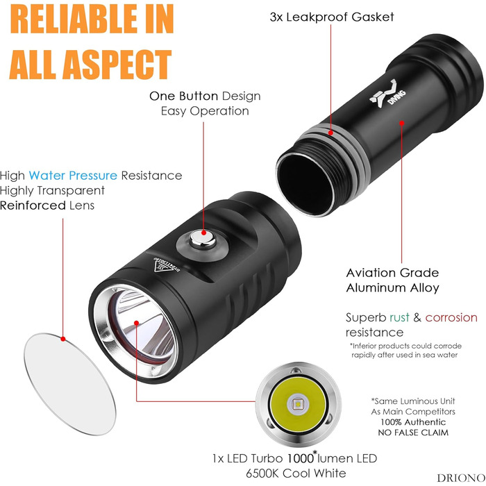 Ліхтар налобний DRIONO 1000 люмен, водонепроникний IPX8 (60м), алюміній, з акумулятором та зарядним пристроєм