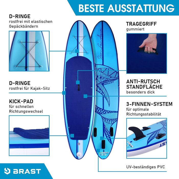 Надувна SUP-дошка BRAST Shark 300-320 см, комплект для веслування стоячи, 2-в-1 весло, сидіння для каяка, кріплення для екшн-камери, ремінець на ногу, насос, рюкзак, 5 років гарантії