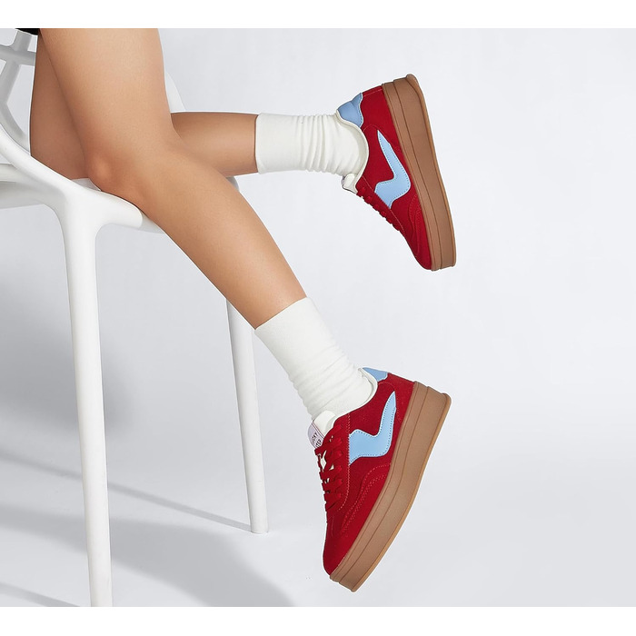 Жіночі кросівки на платформі LUCKY STEP – модні масивні кросівки, зручні шнурівки для повсякденного носіння та прогулянок з прошитими деталями, чорно-білі (червоно-сині, 36 EU)