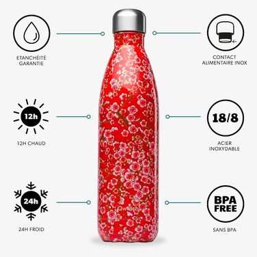 Термос Qwetch Flowers Червоний 750 мл – 24 год холод, 12 год тепло, водонепроникний, BPA-free, багаторазовий