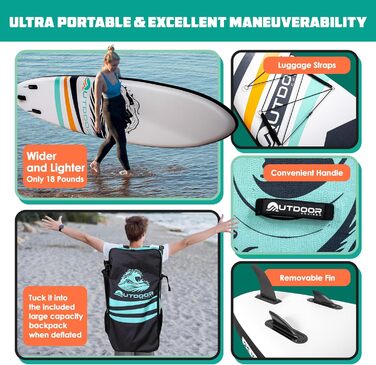 SUP дошка надувна OutdoorCrusier Ultra-Portable, блакитна (Karibik), з повним комплектом аксесуарів, міцна, нековзка, для початківців та досвідчених райдерів