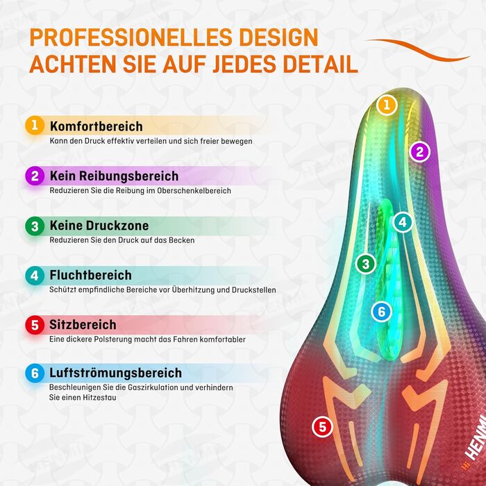 Велосипедне сідло HENMI для чоловіків та жінок: м'яке, комфортне, дихаюче, з амортизацією, ергономічне. Підходить для MTB, трекінгу, шосе та гірського велосипеда. Стандартна сітка.