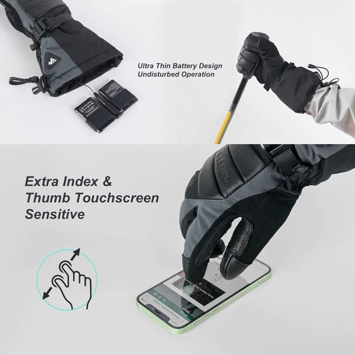 Унігір: Теплі рукавички з підігрівом для жінок та чоловіків, 3 режими, водонепроникні, сенсорні, для катання на лижах, Рейно, Outdoor, чорно-сірий XL