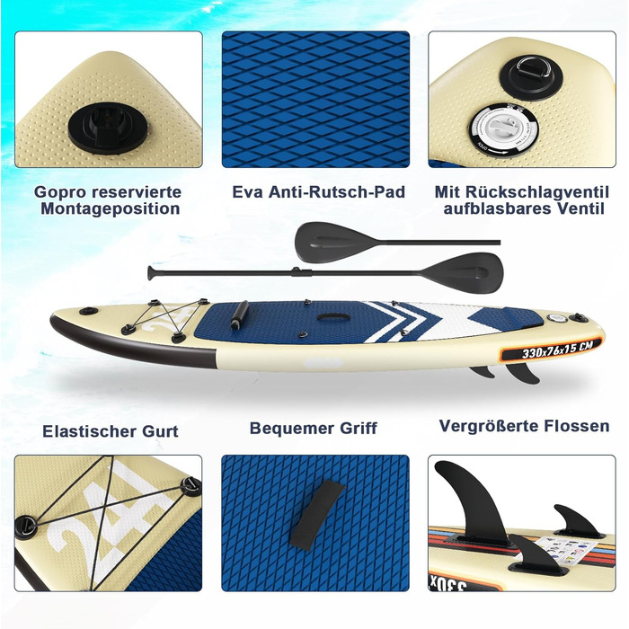 Надувний SUP борд JUMMICO Stand Up Paddle з каяком, 330x76x15 см, до 160 кг, для серфінгу, риболовлі, йоги (Хакі)