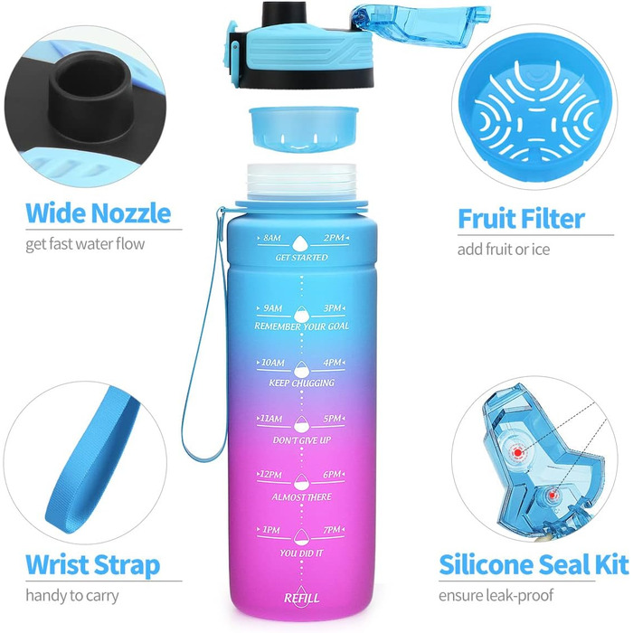 Дитяча спортивна пляшка для води 500 мл блакитно-лілова з мітками часу, Tritan, BPA Free, без витоку, для школи та спортзалу