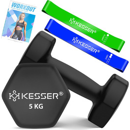 Гантелі KESSER 2 шт. 2-5 кг, неопрено, шестигранні, для фітнесу та силових тренувань, з фітнес-стрічками та посібником, для дому