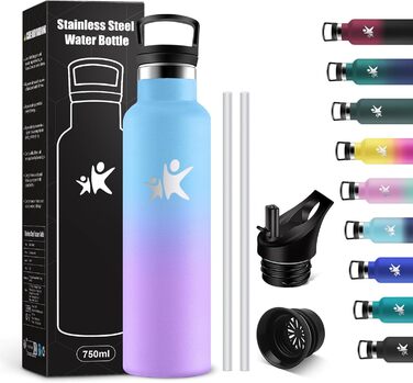 Термос-пляшка KollyKolla 750 мл, для води та газованих напоїв, з трубочкою, без BPA, з подвійними стінками, ізольована, для школи, подорожей, кемпінгу, блакитний + темно-синій