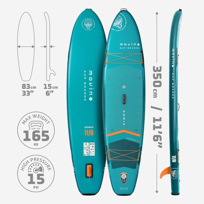 Надувний SUP дошка Movino Stand Up Paddle Board 350 см - 2в1 SUP/Каяк - до 165 кг, комплект з аксесуарами, Welded Rail, 15 PSI (Блакитний-Помаранчевий)