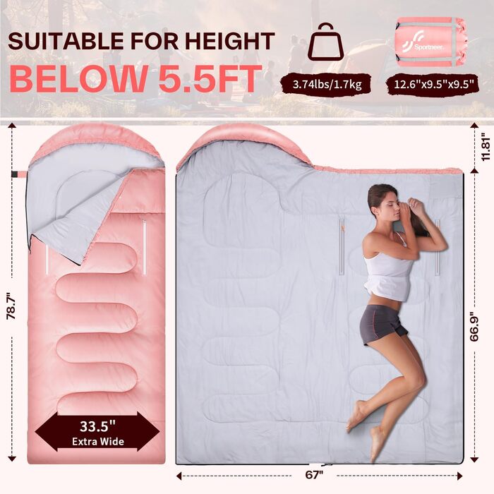Сплячий мішок Sportneer Outdoor - ковдровий спальний мішок 3-4 сезони для дорослих, теплий, для кемпінгу, подорожей та активного відпочинку (200x85 см, Рожевий)