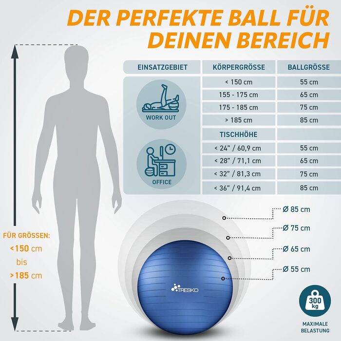 Гімнастичний м'яч TRESKO, 65 см, BPA-free, з насосом, для фітнесу, йоги, вагітних, пілатесу, 300 кг, антивибуховий