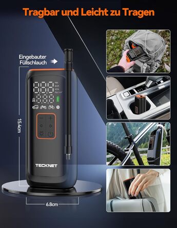 TECKNET електричний компресор 6000mAh, насос 150 PSI для авто, велосипедів, мотоциклів, м'ячів, з манометром, павербанком та ліхтариком