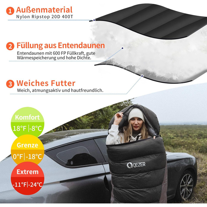 Сплячий мішок пуховий, зимовий, 600FP+, 12°C - -24°C, легкий та теплий, для 3-4 сезонів, кемпінг, трекінг, походи, оранжевий/чорний