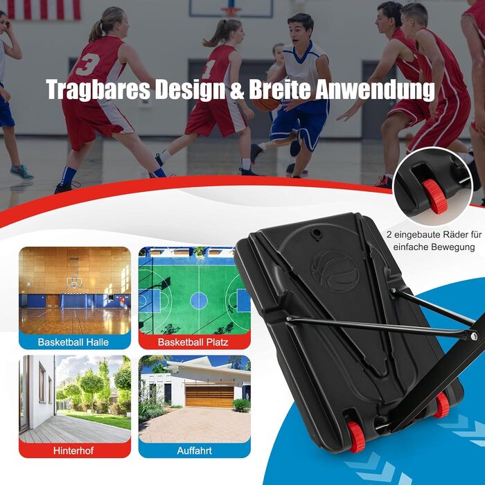 Баскетбольний кошик GOPLUS вуличний з підставкою, регульована висота 105-260 см, портативний баскетбольний стенд на колесах для дітей та підлітків