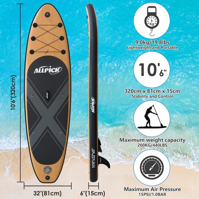 Надувна SUP-дошка ALLPICK Premium 320 см з аксесуарами, універсальним кріпленням для камери, деревне декор, для дітей і дорослих, для початківців і досвідчених, вантажопідйомність 150/180 кг