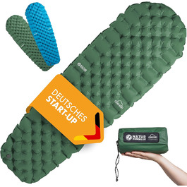 Килимок туристичний надувний NaturBummler® Cloud Nap+ (195x56 см) – для кемпінгу, трекінгу, фестивалів. Легкий, водонепроникний, компактний, зелений.