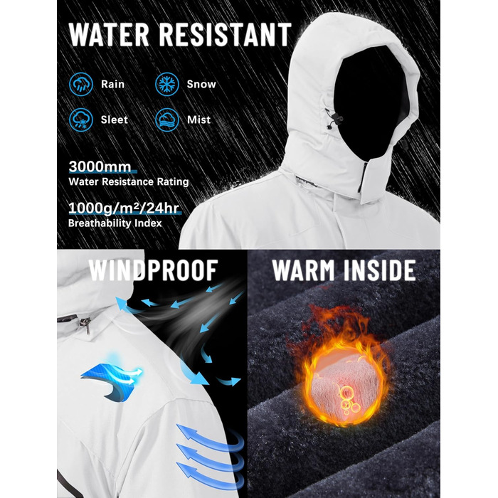 TACVASEN чоловіча зимова водонепроникна вітрозахисна куртка з флісовою підкладкою, для катання на лижах, дощовик з капюшоном, армійного кольору (XXL, білий)