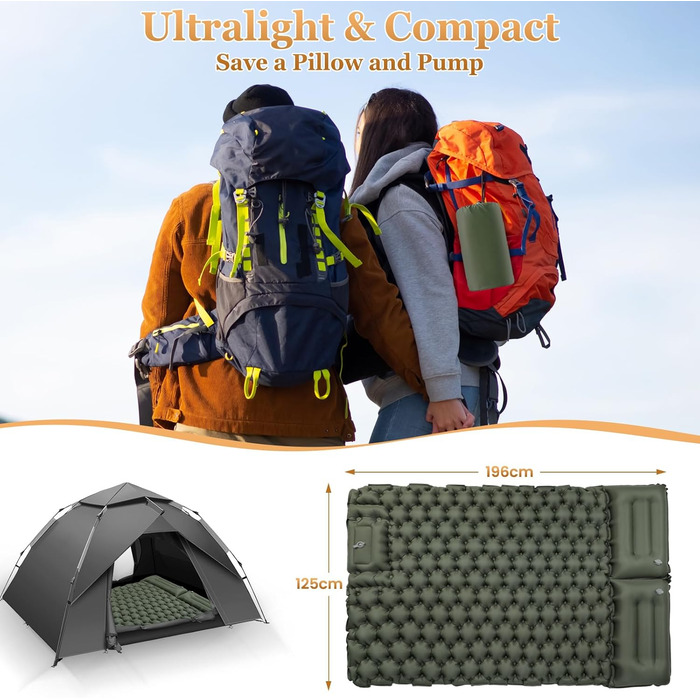 Кемпінговий килимок Satisure для 2 осіб: самонадувний, водовідштовхувальний, з насосом, для відпочинку на природі, на воді та в авто