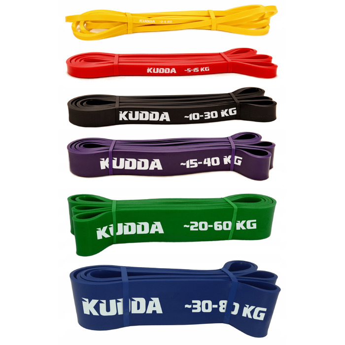 Набір фітнес-резинок KUDDA, 6 шт., багатоколірні, 208 см, опір 2-80 кг