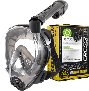 Маска для снорклінгу CRESSI Komodo – повна маска Dry з широким оглядом 180° та боковим загубником. Без запотівання, регульовані ремінці M/L, чорний колір.