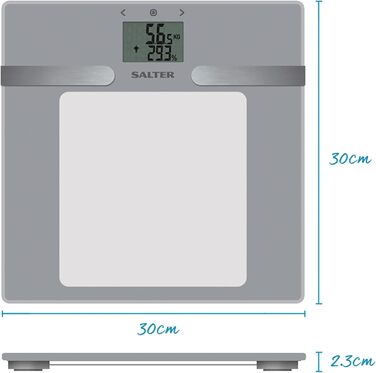 Скляна цифрова вага Salter 9194 SV3R для аналізу тіла, LCD-дисплей, до 180 кг, вимірювання жиру, води, м'язової та кісткової маси, ІМТ, BMR, 10 користувачів, спортивний режим, срібляста