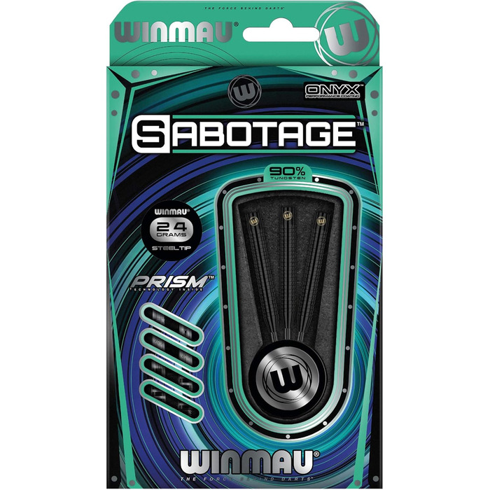 Дротики WINMAU Sabotage Onyx 22-26 г, професійні, вольфрамові, сталевий наконечник, з оперенням і стрижнями