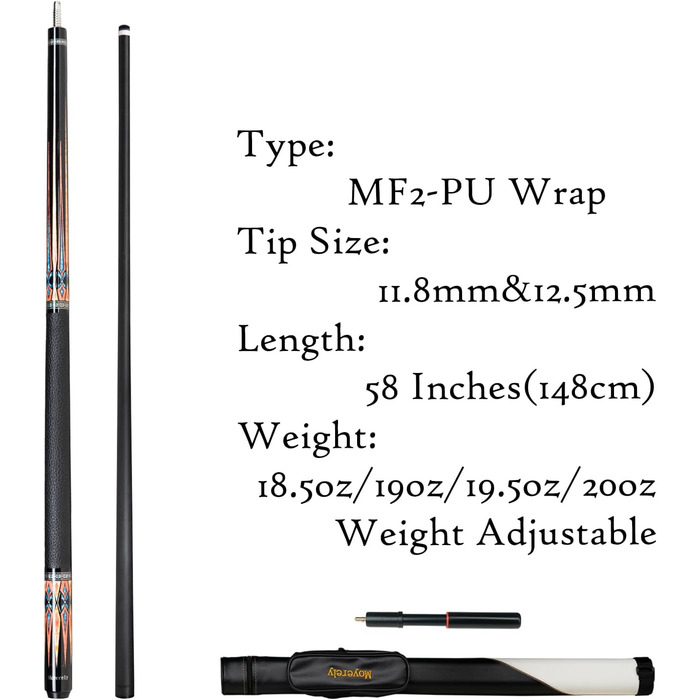 Професійний більярдний кий Moyerely з карбону, 11.8/12.5 мм, низька відбиваність, з чохлом MF1-PU Wrap + подовжувач (MF2-PU Wrap + подовжувач, 12.5 мм)