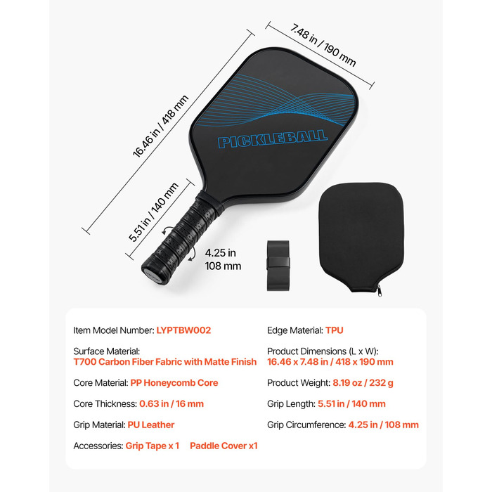 Pickleball-ракетка VEVOR з вуглецевим покриттям T700 та ячеистим ядром, професійна, для дорослих, синього кольору
