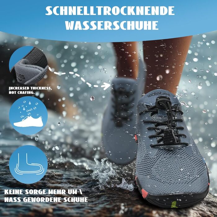 Водні шкарпетки WateLves для плавання, серфінгу та водних видів спорту. Швидка сушка, дихаючі, для жінок та чоловіків, розмір 36-48 EU, сірі та сині кольори.