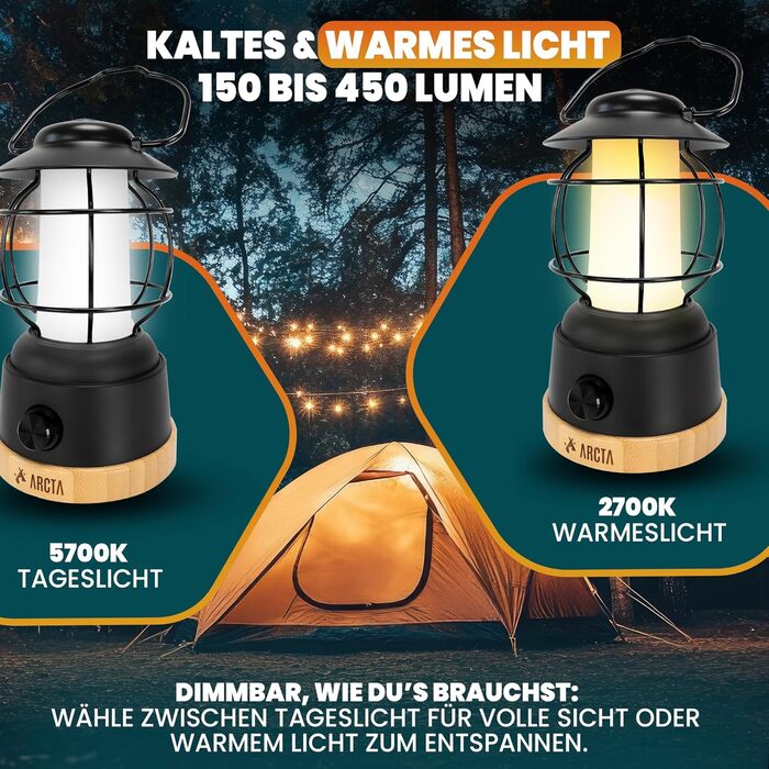ARCTA® LED кемпінговий ліхтар на акумуляторі – ретро кемпінг ліхтар, IPX4 вологостійкий, димування 20-450lm – ліхтар для намету, саду, кемпінгу, LED Powerbank