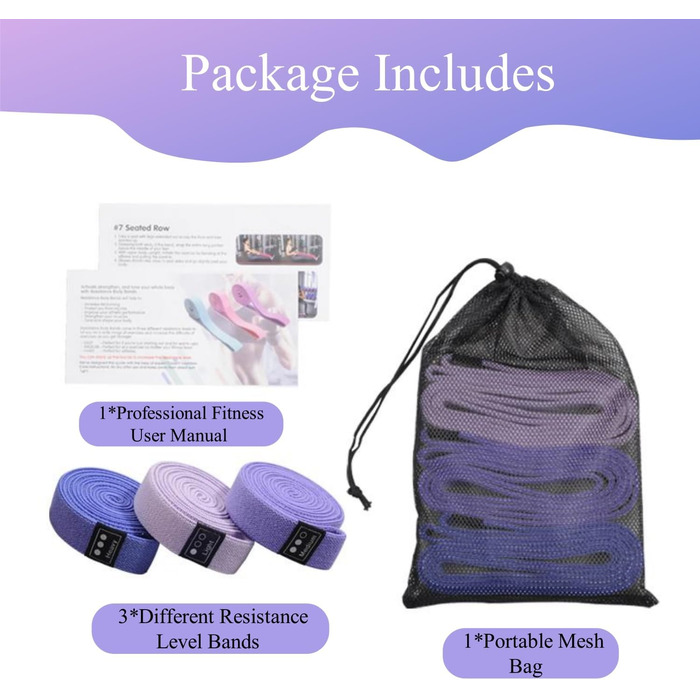 Набір еластичних стрічок для фітнесу 3шт, стрічки опору з 3 рівнями, фітнес-стрічки для жінок/чоловіків, силові тренування, йога, пілатес, фітнес (поступовий фіолетовий)