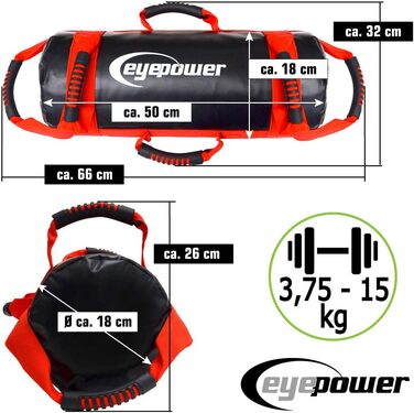 Фітнес мішок EYEPOWER 15 кг + 4 гирі, наповнений залізним піском, 6 ручок, для домашніх тренувань, тренажер для пресу та спини, чорний-червоний, 18x50 см