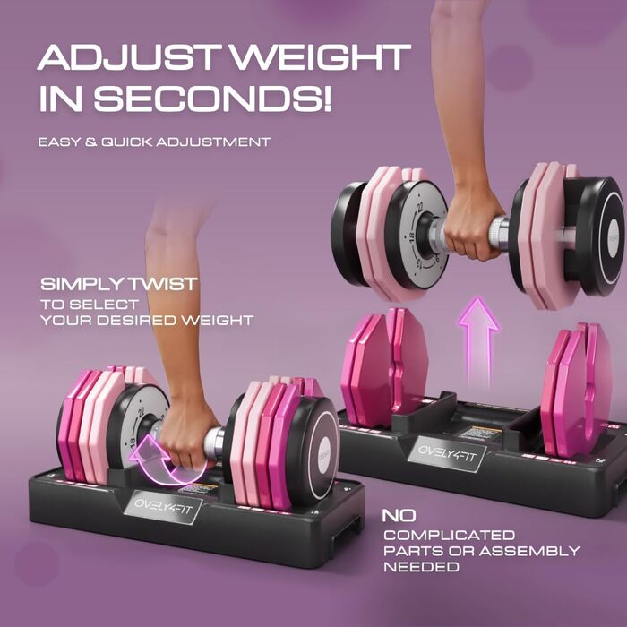 Регульовані гантелі OVEL 4YFIT 5-в-1 (2-10 кг), швидке налаштування ваги, металевий антиковзний руків'я, компактний дизайн з рожевими градієнтами, ідеально для жінок